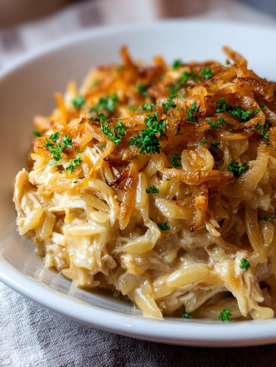 French Onion Chicken Orzo Casserole