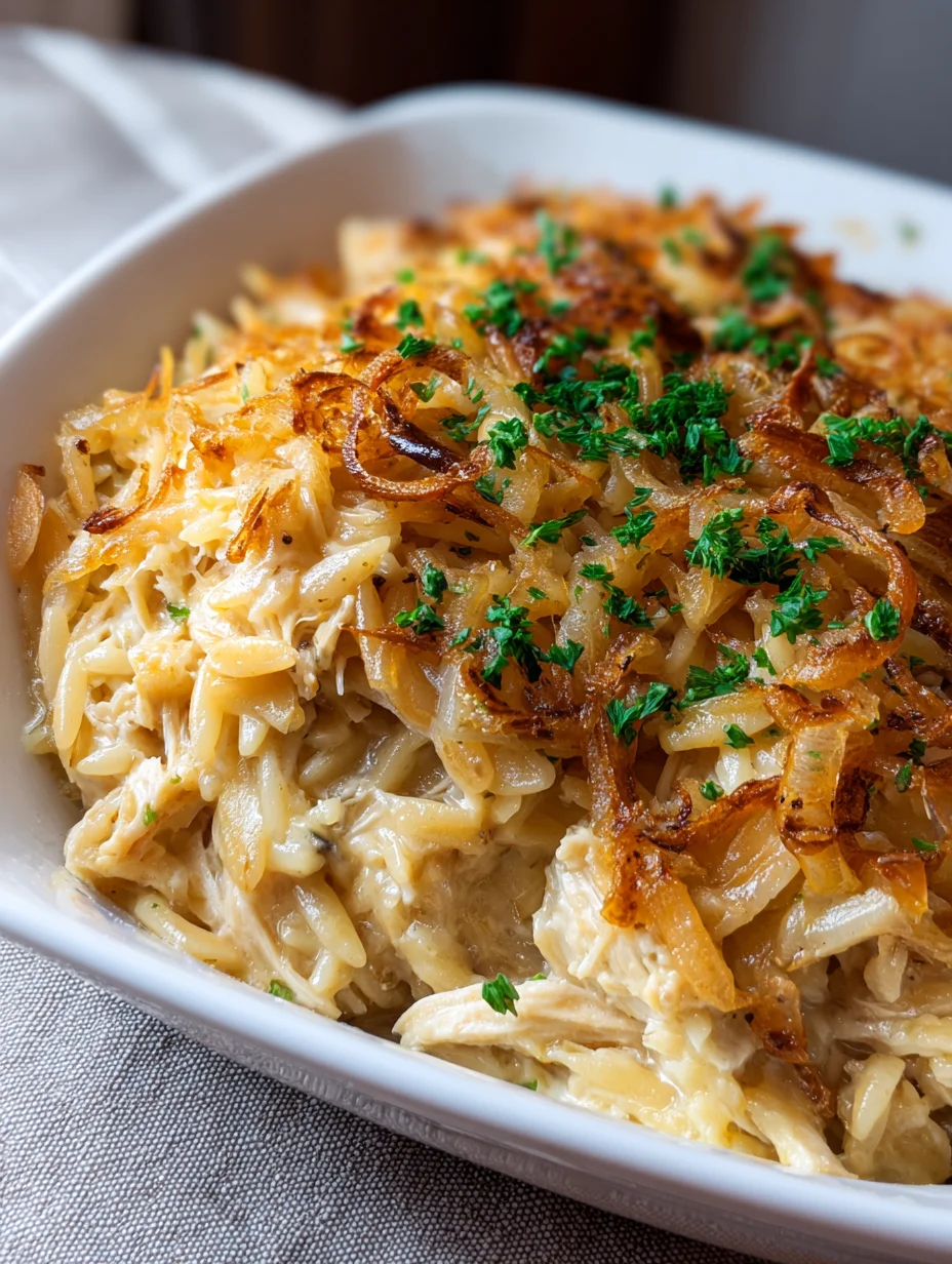 French Onion Chicken Orzo Casserole