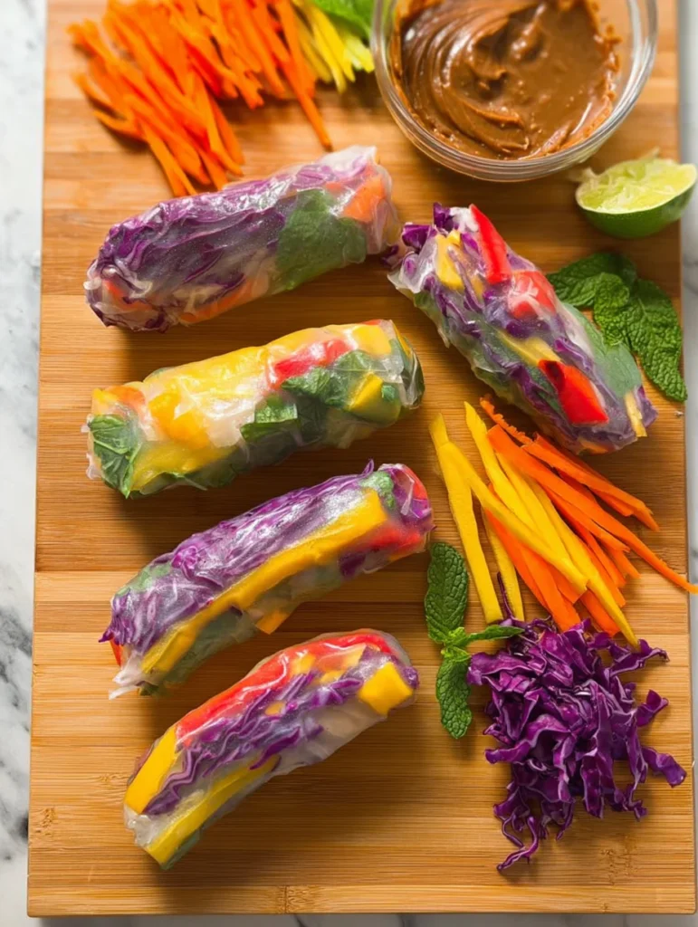 Rainbow Spring Rolls with Ginger Peanut Sauce